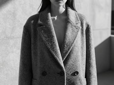 Stark black-and-white editorial crop of a model posing in a highly structured, architectural wool coat, high-contrast shadows, direct sunlight, minimalist concrete setting.
