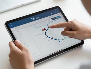 Close-up of hands pointing at shipping route tracking data on a tablet, soft morning daylight, clean modern desk, 35mm photography