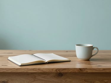 Calm environmental shot of an empty creative workspace, a wooden desk with a notebook and a single ceramic cup under soft diffused morning light