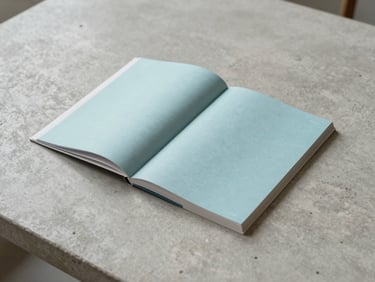 Minimalist layout of an open art magazine on a concrete table, soft shadows, natural daylight, muted cerulean tones, 35mm