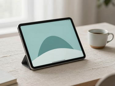 A sleek modern tablet displaying a minimalist vector illustration, resting on a clean linen-covered desk next to a ceramic cup under diffused window light.