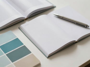 Overhead shot of a clean minimalist workspace with open design books, color swatches in cerulean and warm stone tones, and a metallic pen.