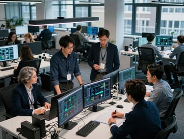 High-angle view of a collaborative tech workspace in London, professional engineers discussing system architecture, cool daylight, 35mm