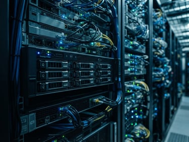 Macro shot of high-performance server racks in a London data center, cool ambient blue and teal lighting, sharp focus, 35mm