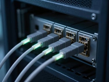 Macro shot of industrial server hardware interfaces, glowing fiber optic cables, deep navy tones, sharp focus, 35mm