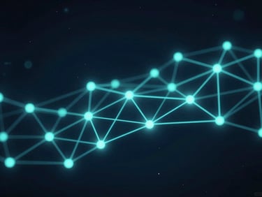 Abstract digital network visualization, glowing nodes and connections in deep navy and teal space, high-contrast tech realism, 35mm