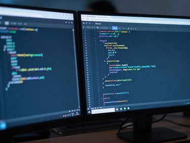 Close-up of a developer analyzing financial ledger code on dual monitors, soft blue ambient screen glow, sharp focus, 35mm