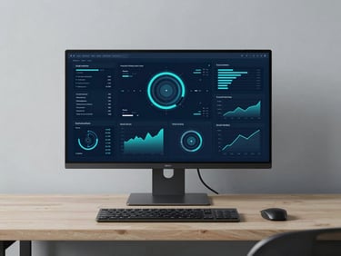 Clean minimalistic office workstation with complex data analytics charts displayed on a high-resolution screen, soft ambient light, 35mm