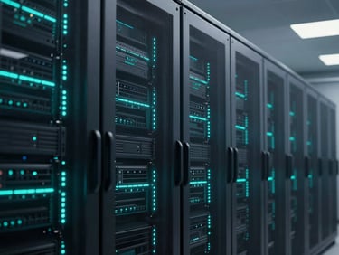 Abstract architectural lines of a secure modern data center, glowing teal indicator lights, clean metallic surfaces, 35mm