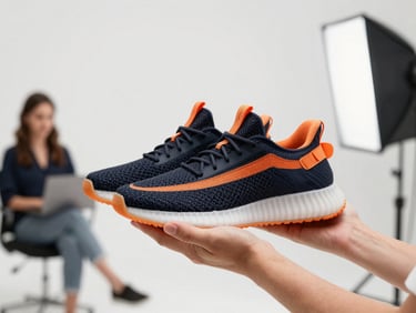 Hands holding authenticated sneakers, client in background in a private suite, bright studio light.