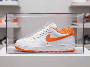 Pristine, rare sneaker in a clear display case, studio lighting, clean showroom background, sharp details.