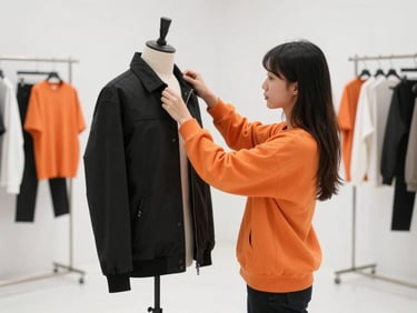 Fashion stylist arranging high-end streetwear on a mannequin, minimalist showroom, sharp details.