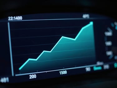 Close-up of clean dashboard metrics showing rising conversion charts with sharp neon teal screen reflections