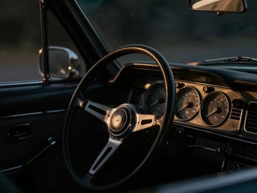 Extreme close-up, low-key dramatic studio lighting, of a vintage car's cockpit, focusing on a steering wheel and dashboard, high-contrast shadows, 35mm anamorphic.