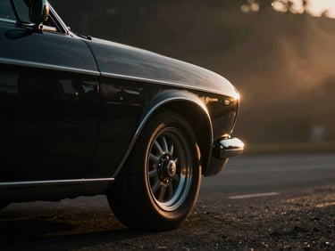 Dynamic low-angle wide shot, golden-hour backlighting, of a classic car's polished chrome fender and wheel, high-contrast shadows, moody atmospheric haze, 35mm anamorphic.