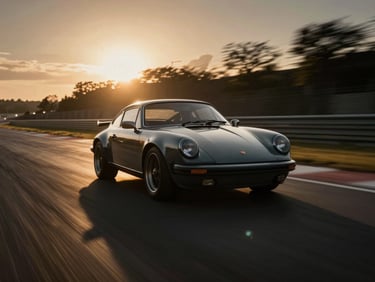 Cinematic tracking shot, golden-hour runway backlighting, of a vintage sports car on a race track, background blurred with motion, high-contrast shadows, 35mm anamorphic.