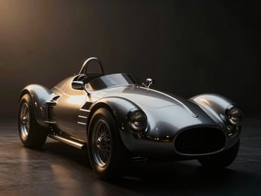 Dramatic low-angle shot of a polished vintage racing car, high-contrast studio lighting, chrome reflections, moody atmosphere, 35mm anamorphic.