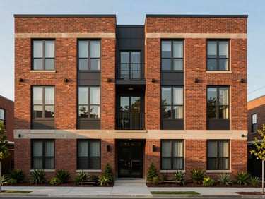 Straight-on architectural elevation of a modernized mid-rise brick apartment building in Charlotte, natural golden hour sunlight casting soft shadows, clean landscaping.