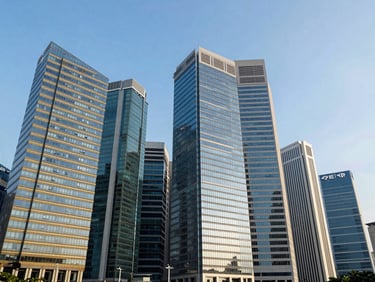 Clean architectural shot of the Singapore financial district, modern glass skyscrapers reflecting clear blue sky, professional daylight