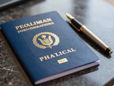 Close-up of premium travel documents and a gold fountain pen on a dark marble desk, soft natural light, sharp focus