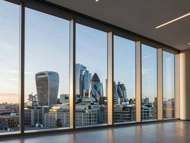 Modern high-rise office interior in London, floor-to-ceiling windows showing the city skyline at sunrise, clean corporate aesthetic