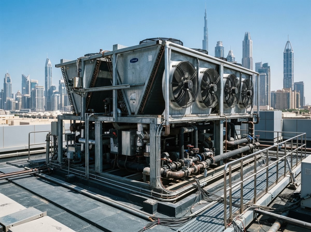 Sharp industrial photography of a massive air-cooled water chiller unit on a modern Dubai rooftop, bright desert sunlight, high-contrast slate and metallic tones, crisp architectural framing, 35mm.