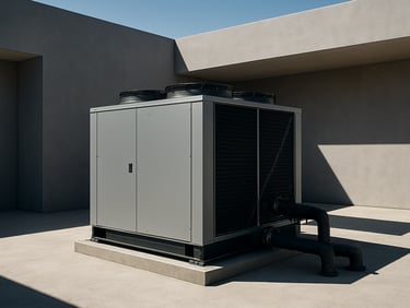 Sleek outdoor villa installation of a 3 TR water chiller, bright desert sunlight casting sharp architectural shadows.