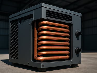 Close-up technical shot of a compact 2 TR water chiller unit, copper coils visible, clean industrial warehouse lighting.