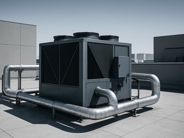 Wide environmental shot of a 5 TR industrial chiller unit on a modern UAE rooftop, high-contrast slate tones.