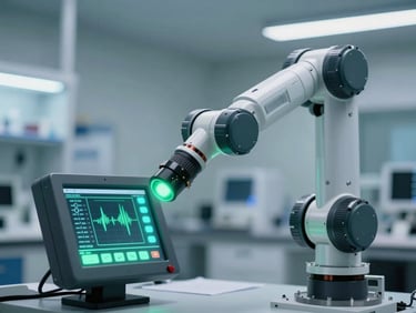Close-up of a robotic arm interface in an advanced laboratory, cool emerald green and cyan status lights, clean technical environment.