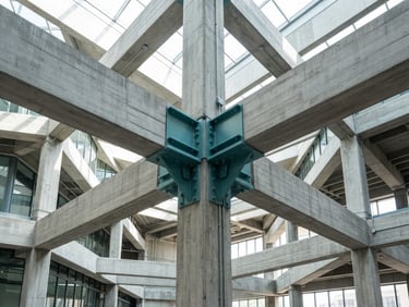 Clean architectural perspective of intersecting concrete beams under bright daylight, teal steel joints, structural precision, sharp 35mm lens
