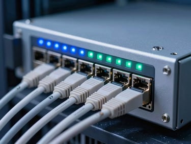Macro shot of a high-performance firewall interface, glowing blue and green LED status lights, clean silver chassis, Cat6 patch cables plugged in with precision labeling, shallow focus, 35mm technical photography.