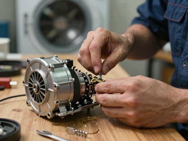 Close-up of a technician's hands honestly repairing a dryer motor with tools on a wooden workbench, warm workshop lighting.