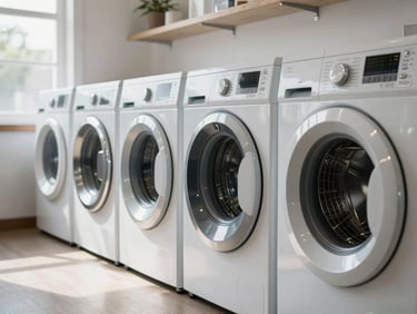 Clean refurbished washing machines and dryers lined up on the bright showroom floor, natural light.