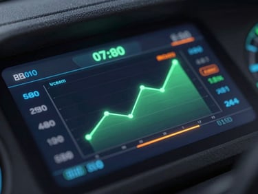 Close-up macro shot of a dark glassmorphic dashboard interface showing real-time automation metrics and neon green growth charts