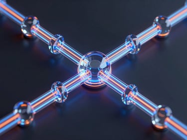Futuristic 3D render of glowing data pipeline with electric blue and orange neon lines flowing through translucent glass nodes, dark background