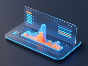 Futuristic 3D render of a digital marketing dashboard, glowing neon blue and orange data bars, glassmorphic charts on a dark slate background, octane render