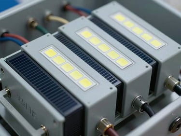 Extreme close-up of a high-voltage industrial solar inverter, clean cool-toned LED lighting, technical precision details of wiring and conduits