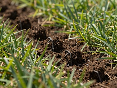 Aeration tines penetrating dense turf soil in bright natural daylight, soil cores visible on the grass surface, close-up action shot, healthy surrounding blades in sharp detail