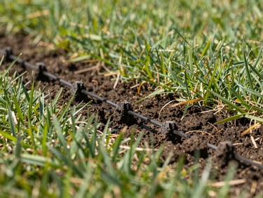 Close-up of aeration tines penetrating dense lawn soil in bright natural daylight, grass blades and soil cores visible, wide horizontal framing with clean depth of field