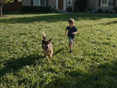 Child and dog running together across a thick, deeply green residential lawn in bright morning sunlight, motion blur on the dog's legs, wide environmental framing showing full lawn health