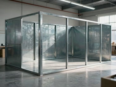 Wide panoramic of a steel room divider or architectural fixture in a commercial retail space, daylit, showing welded steel construction and spatial framing, minimalist setting, geometric composition, cool light