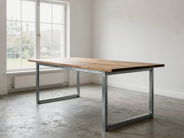 Wide panoramic of a steel dining table anchoring a bright residential living room, daylit from a north-facing window, the table's welded frame and wood top in sharp focus, minimal surrounding decor, concrete floor visible at edges
