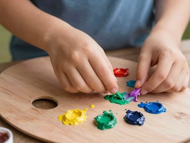 A close-up of a child's hands carefully mixing acrylic paints on a clean wooden palette, bright daylight illuminating the vibrant colors.