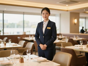 Warm restaurant interior with soft lighting, elegant dining tables, professional hospitality setting, 35mm
