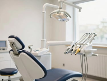 Modern dental clinic interior, clean white and blue tones, professional medical equipment, soft natural light, 35mm