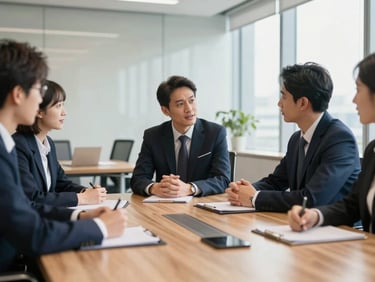 Modern corporate office meeting room, wooden table, professional business consultation environment, bright daylight, 35mm