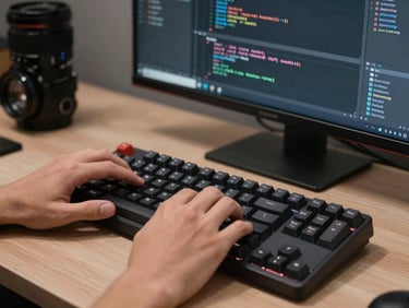 Hands on mechanical keyboard in front of a monitor showing code editor with HTML and CSS, cool studio lighting, organized desk