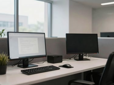 Wide environmental shot of a clean organized agency workspace with two monitors, minimal decor, north-facing window light, no people
