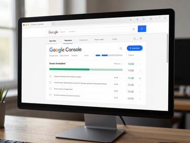Medium shot of a monitor showing Google Search Console analytics dashboard, clean workspace, north-facing daylight, minimal clutter